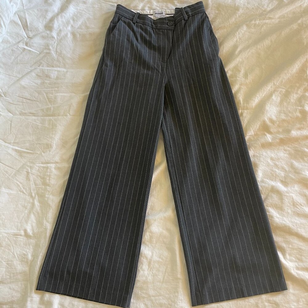 Weekday Luxa skew asymmetric pinstripe wide leg pants in gray
